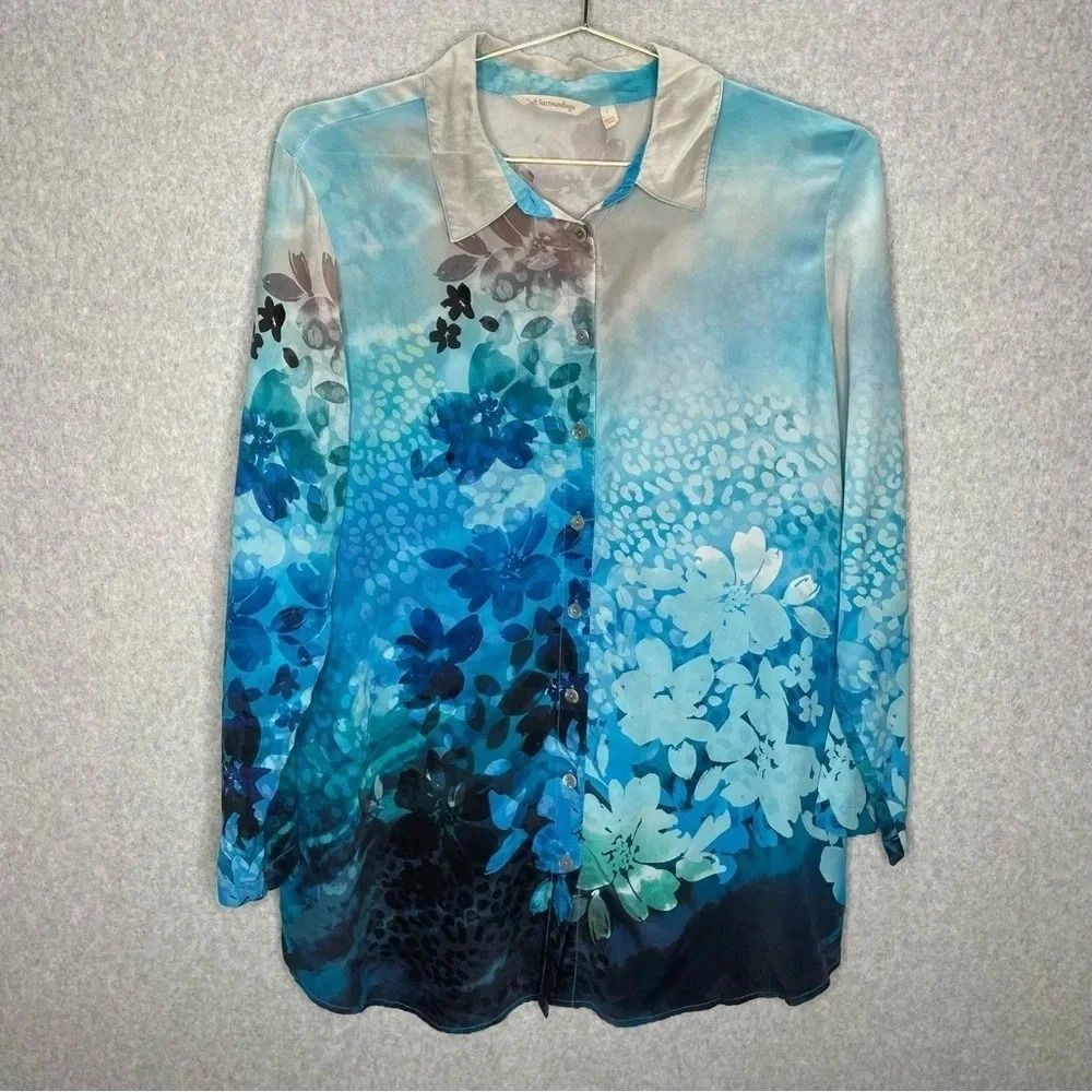 Soft Surroundings 100 % Silk Floral Sheer Button Down Top